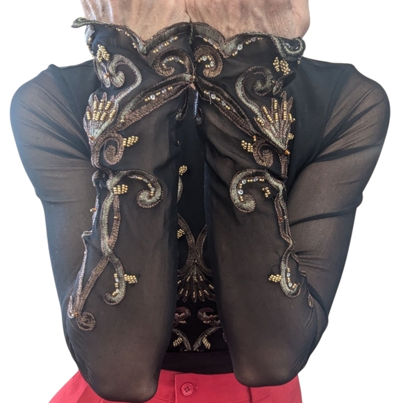 Cache Black Mesh Embellished Long Sleeve Top Sheer Beaded Scrolls | Small - Picture 5 of 9